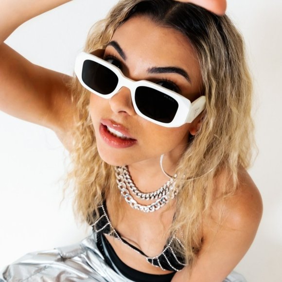 Prada PR17WS 1425S0 Sunglasses Ivory White Dark Gray Rectangle Unisex - Picture 1 of 16